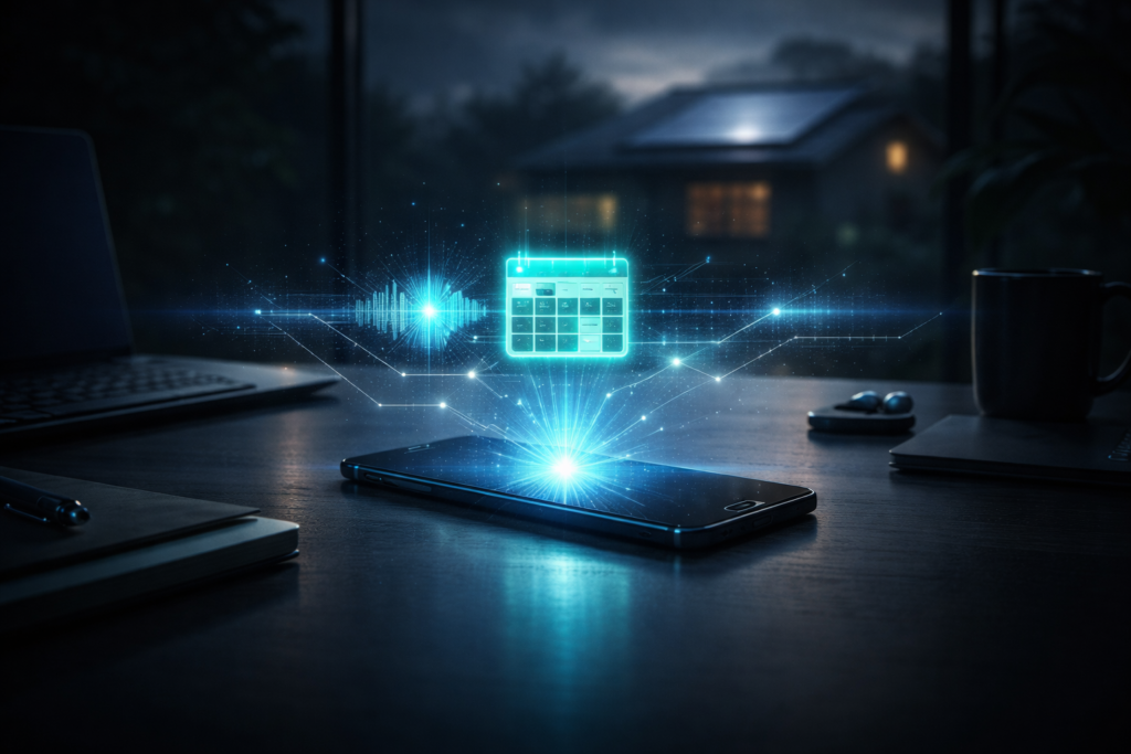 Abstract digital interface representing an AI receptionist for solar companies processing inbound calls.