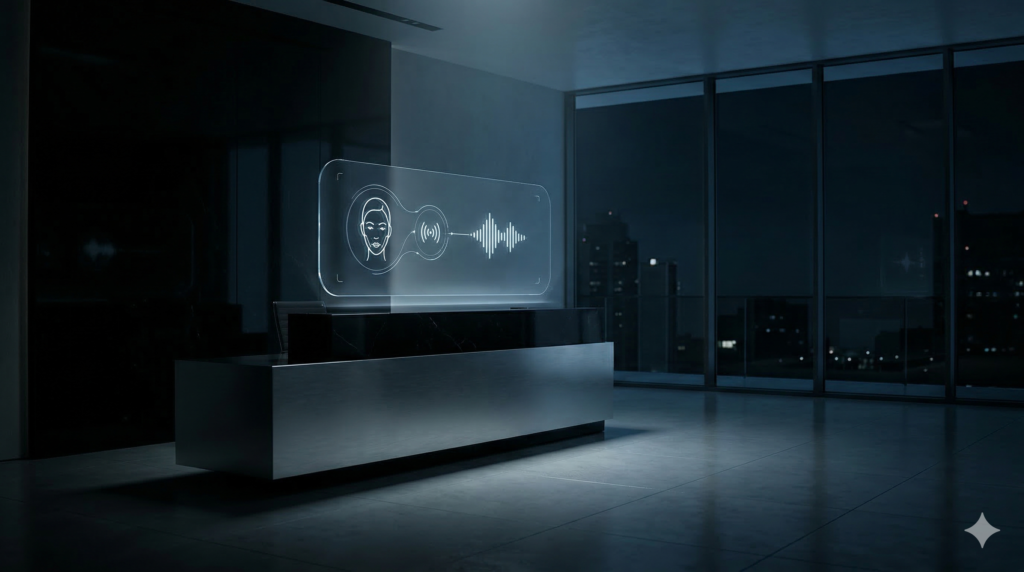 Abstract visualization of a luxury aesthetic clinic AI receptionist processing a facial contour connection at a modern obsidian desk at night.