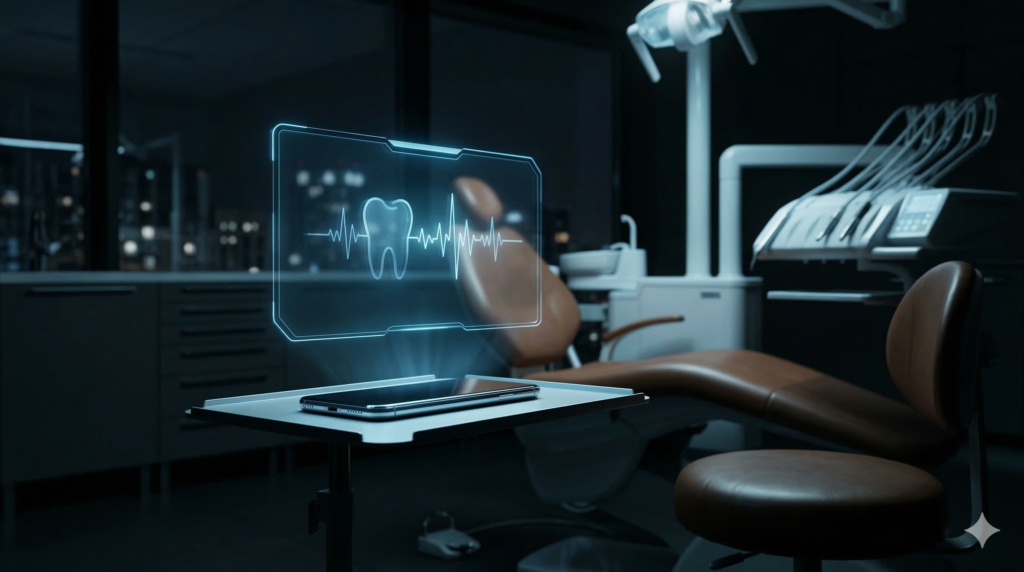 Abstract digital interface representing a dental emergency AI answering system processing an active call in a futuristic operatory.