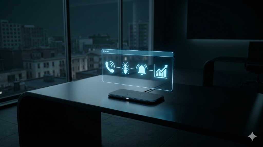Abstract digital interface representing a pest control emergency AI answering system processing an active infestation crisis call and booking a dynamic high-ticket job at a modern obsidian desk at night.