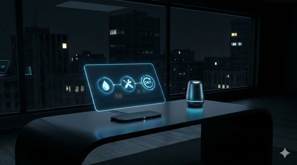 Abstract digital interface visualizing advanced 24/7 AI call answering and emergency triage for a plumbing operations command center.