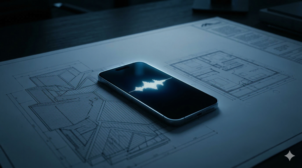 A modern roofing office desk with a smartphone displaying an AI voice agent call screen.