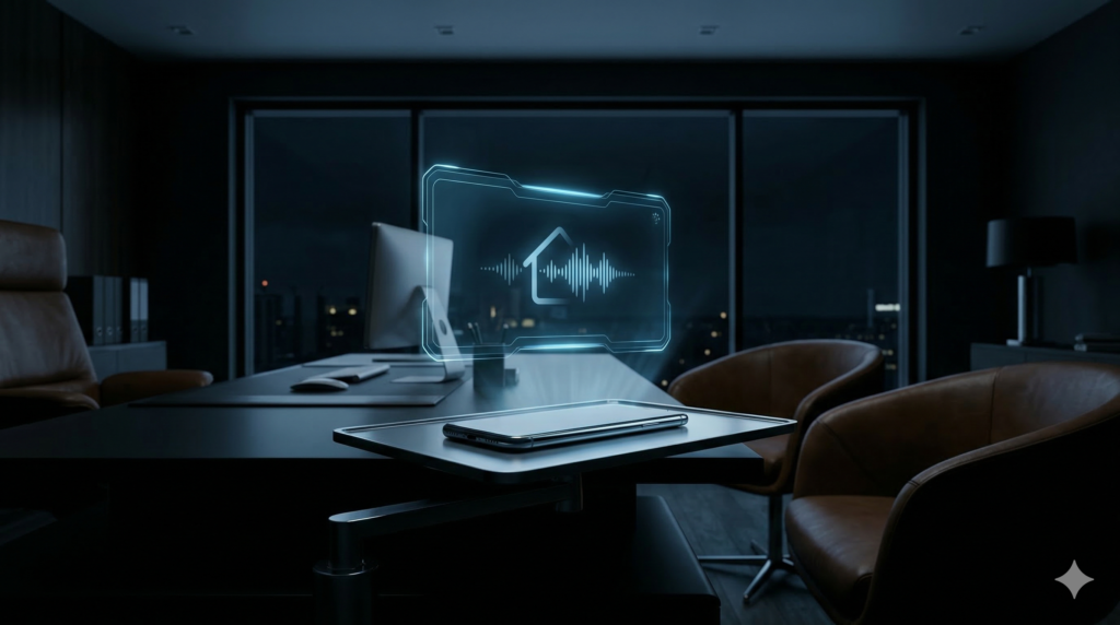 Abstract digital interface representing a real estate AI call answering system processing an active inquiry in a futuristic office environment.