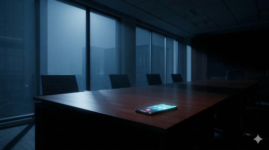 A modern law firm desk at night showcasing 24/7 AI law firm intake automation on a smartphone.