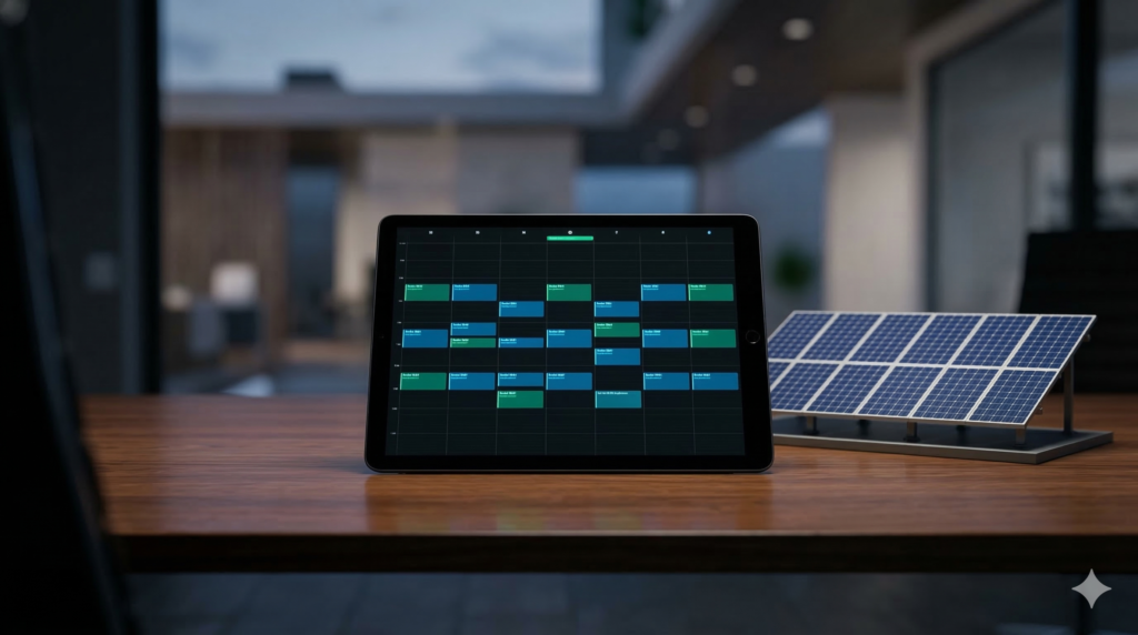 A tablet displaying a full sales calendar next to a solar panel model, representing automated appointment setting solar solutions.