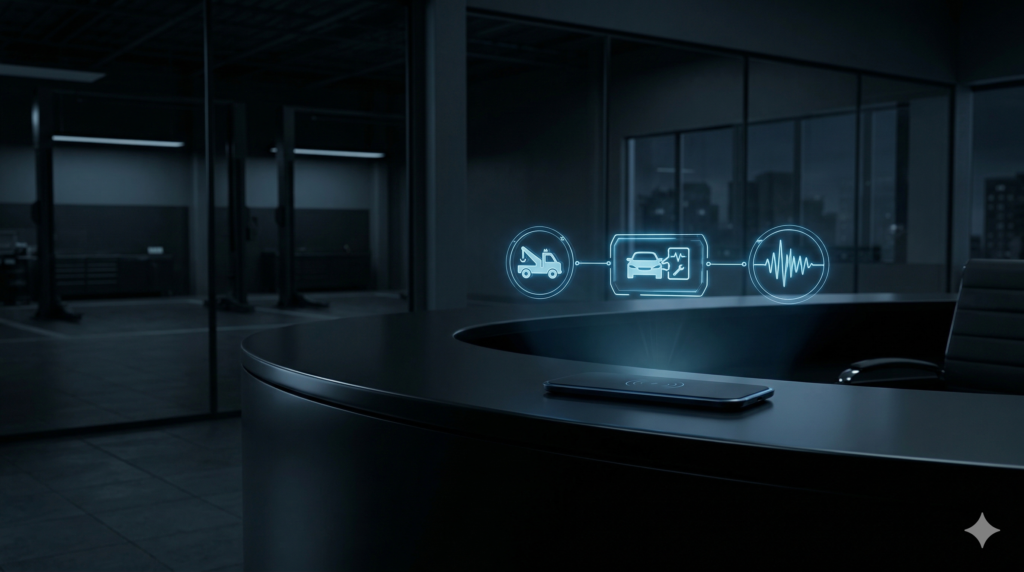 Abstract visualization of automotive emergency call automation processing an active tow-in request in a dark garage at night.